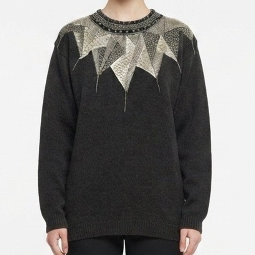 Vintage 90s I.B. Diffusion Beaded Sweater Women Large Black Art Sequin Wool Knit
